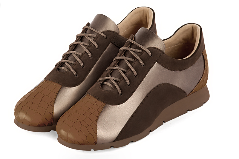 Caramel brown and copper gold women's three-tone elegant sneakers. Round toe. Flat rubber soles. Front view - Florence KOOIJMAN